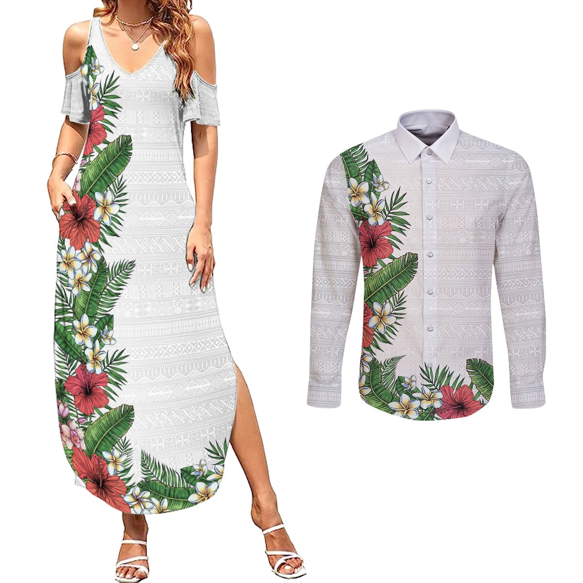 Hawaii Tropical Flowers and Leaves Couples Matching Summer Maxi Dress and Long Sleeve Button Shirt Tapa Pattern White Mode LT03 White - Polynesian Pride
