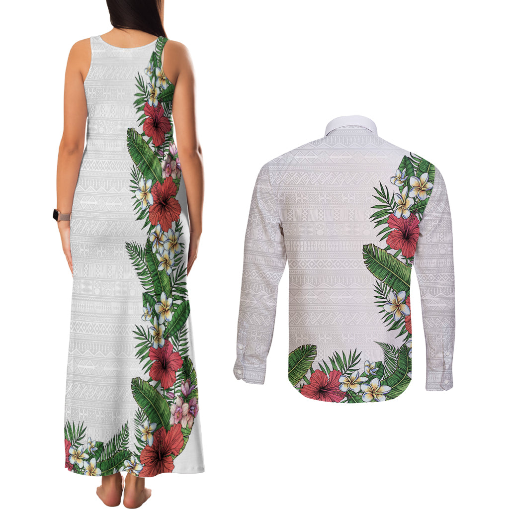 Hawaii Tropical Flowers and Leaves Couples Matching Tank Maxi Dress and Long Sleeve Button Shirt Tapa Pattern White Mode