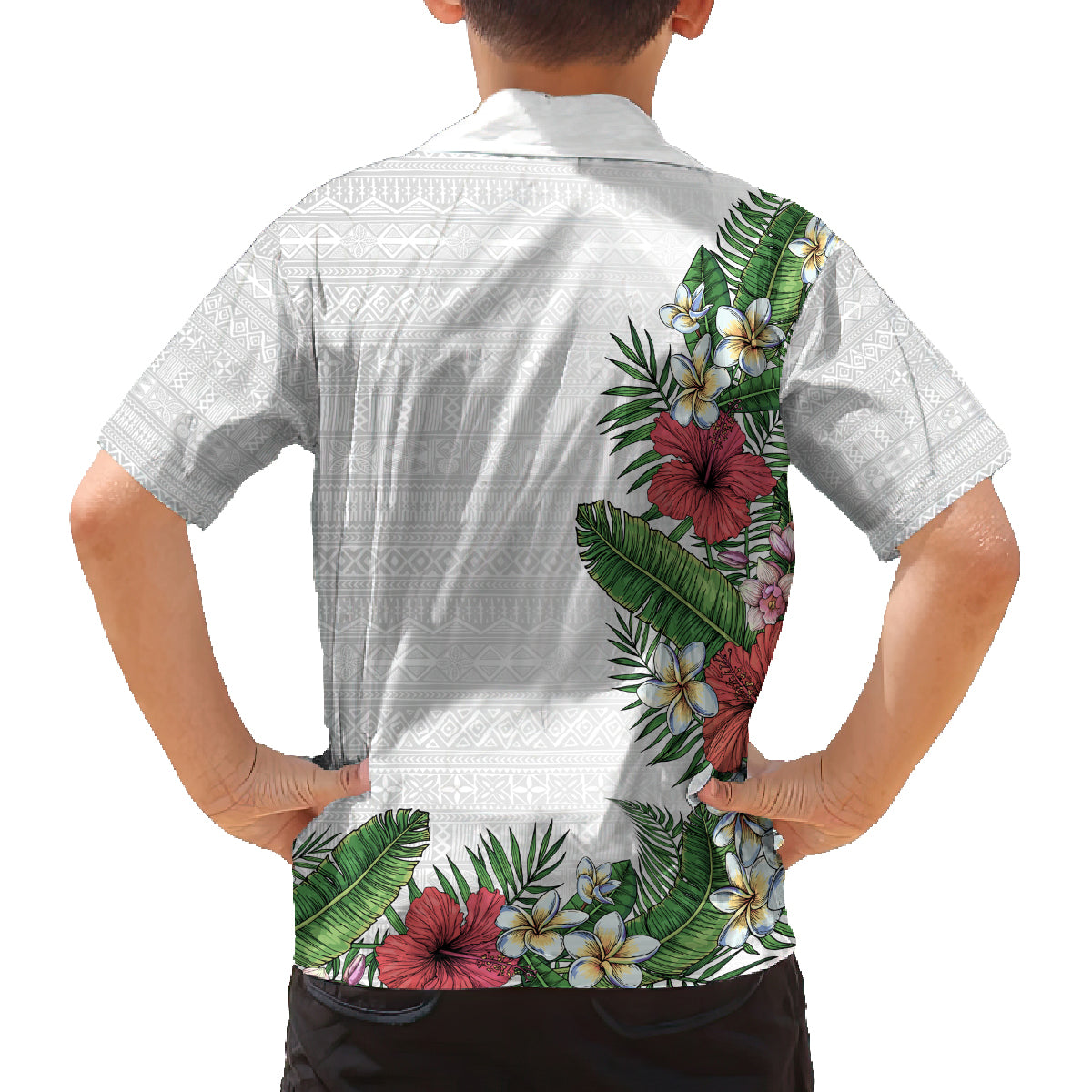 Hawaii Tropical Flowers and Leaves Family Matching Long Sleeve Bodycon Dress and Hawaiian Shirt Tapa Pattern White Mode LT03 - Polynesian Pride