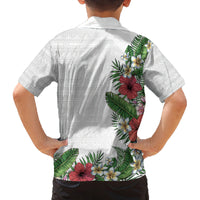 Hawaii Tropical Flowers and Leaves Family Matching Long Sleeve Bodycon Dress and Hawaiian Shirt Tapa Pattern White Mode LT03 - Polynesian Pride