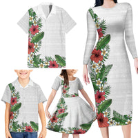 Hawaii Tropical Flowers and Leaves Family Matching Long Sleeve Bodycon Dress and Hawaiian Shirt Tapa Pattern White Mode LT03 - Polynesian Pride