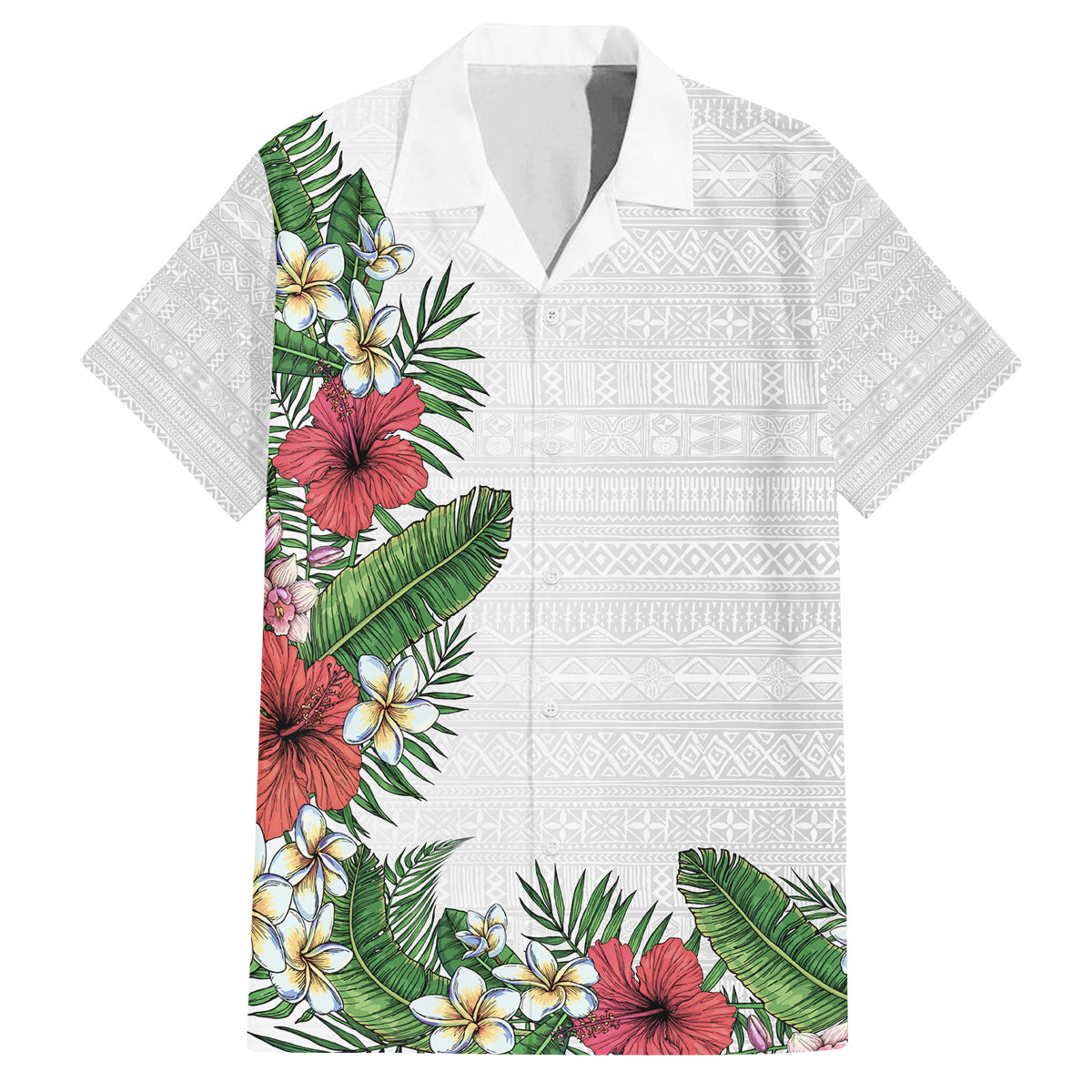 Hawaii Tropical Flowers and Leaves Family Matching Long Sleeve Bodycon Dress and Hawaiian Shirt Tapa Pattern White Mode LT03 Dad's Shirt - Short Sleeve White - Polynesian Pride