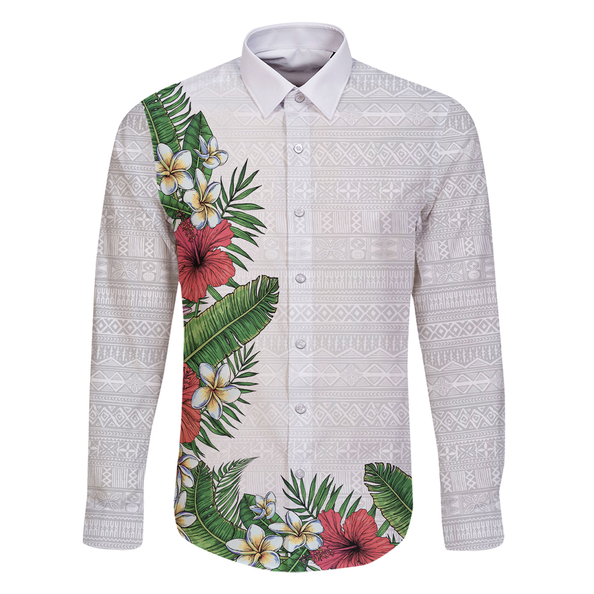 Hawaii Tropical Flowers and Leaves Family Matching Long Sleeve Bodycon Dress and Hawaiian Shirt Tapa Pattern White Mode LT03 Dad's Shirt - Long Sleeve White - Polynesian Pride