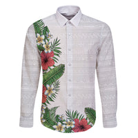 Hawaii Tropical Flowers and Leaves Family Matching Long Sleeve Bodycon Dress and Hawaiian Shirt Tapa Pattern White Mode LT03 Dad's Shirt - Long Sleeve White - Polynesian Pride