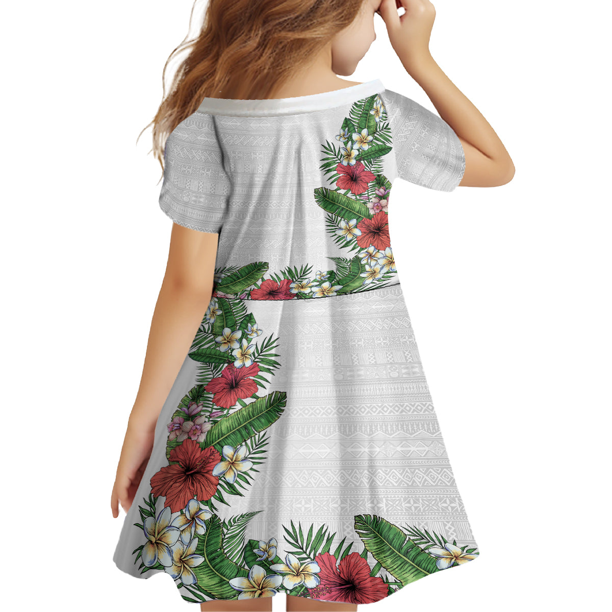 Hawaii Tropical Flowers and Leaves Family Matching Off The Shoulder Long Sleeve Dress and Hawaiian Shirt Tapa Pattern White Mode
