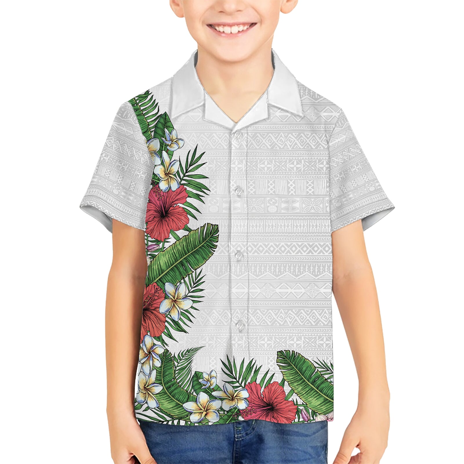Hawaii Tropical Flowers and Leaves Kid Hawaiian Shirt Tapa Pattern White Mode LT03 Kid White - Polynesian Pride