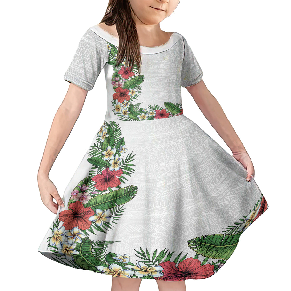 Hawaii Tropical Flowers and Leaves Kid Short Sleeve Dress Tapa Pattern White Mode