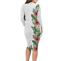 Hawaii Tropical Flowers and Leaves Long Sleeve Bodycon Dress Tapa Pattern White Mode