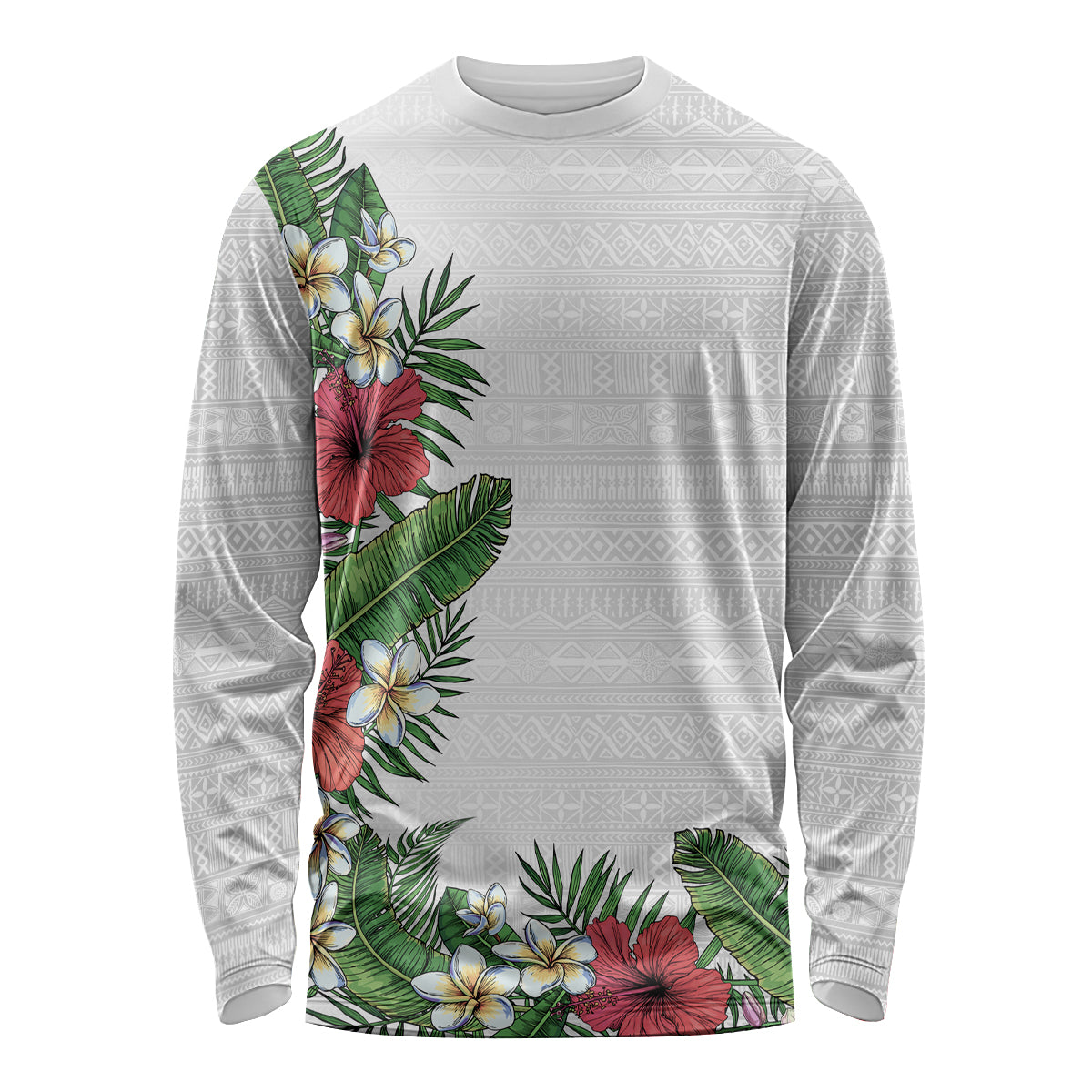 Hawaii Tropical Flowers and Leaves Long Sleeve Shirt Tapa Pattern White Mode LT03 Unisex White - Polynesian Pride