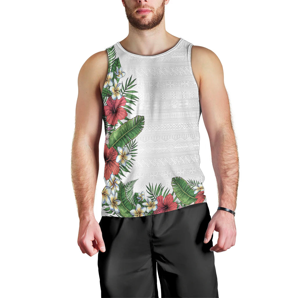 Hawaii Tropical Flowers and Leaves Men Tank Top Tapa Pattern White Mode