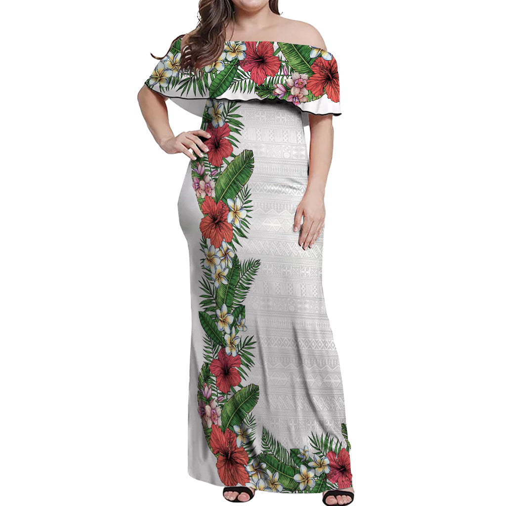 Hawaii Tropical Flowers and Leaves Off Shoulder Maxi Dress Tapa Pattern White Mode