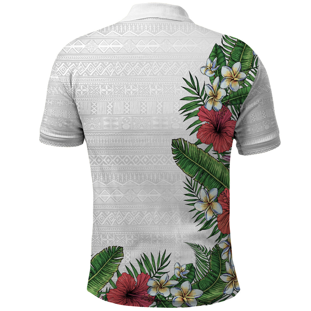 Hawaii Tropical Flowers and Leaves Polo Shirt Tapa Pattern White Mode