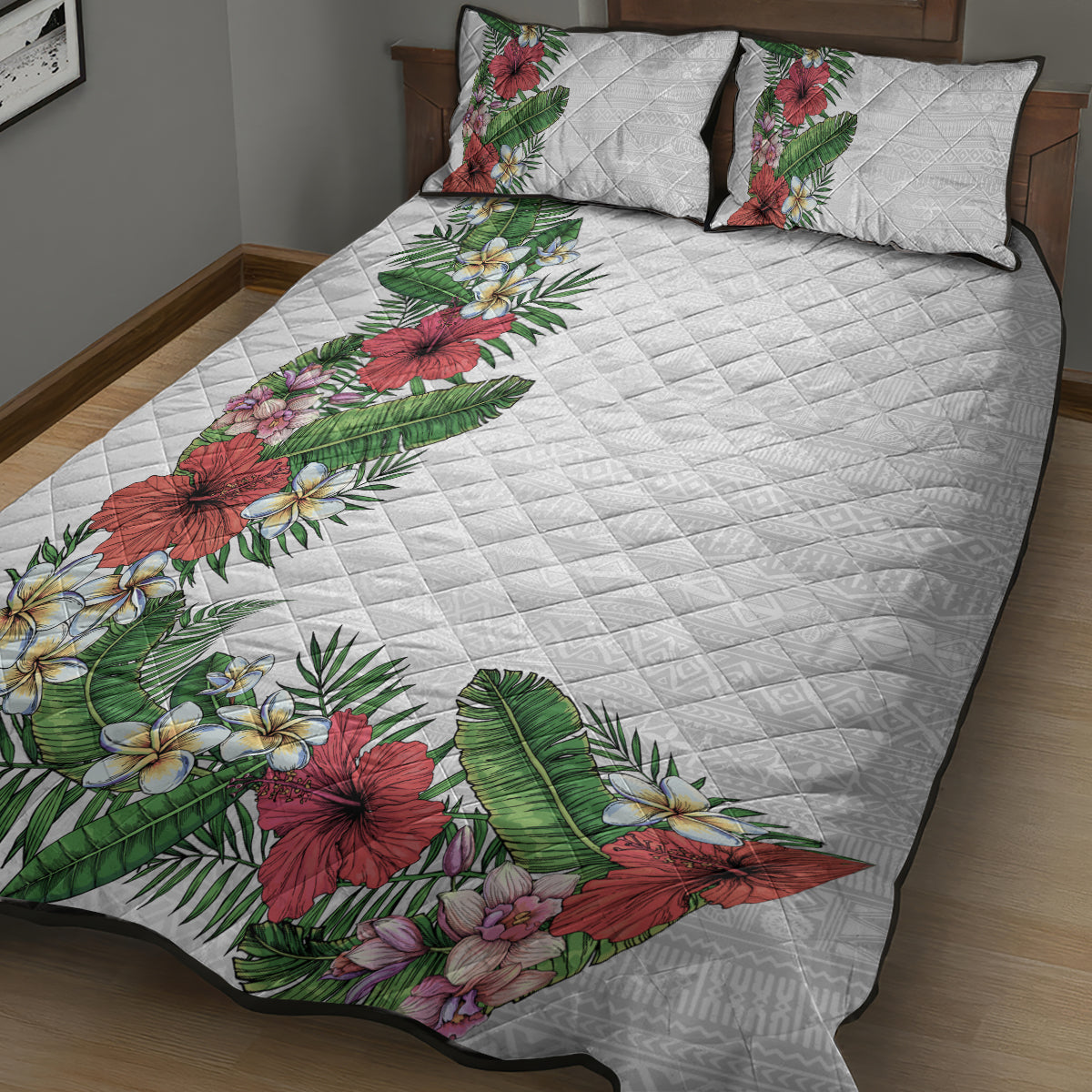 Hawaii Tropical Flowers and Leaves Quilt Bed Set Tapa Pattern White Mode