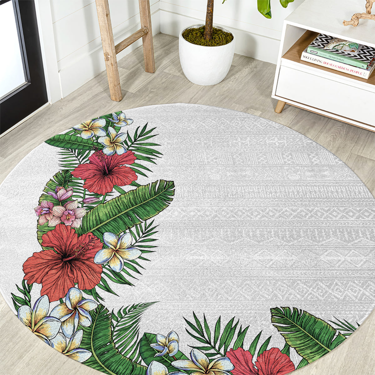 Hawaii Tropical Flowers and Leaves Round Carpet Tapa Pattern White Mode LT03 White - Polynesian Pride