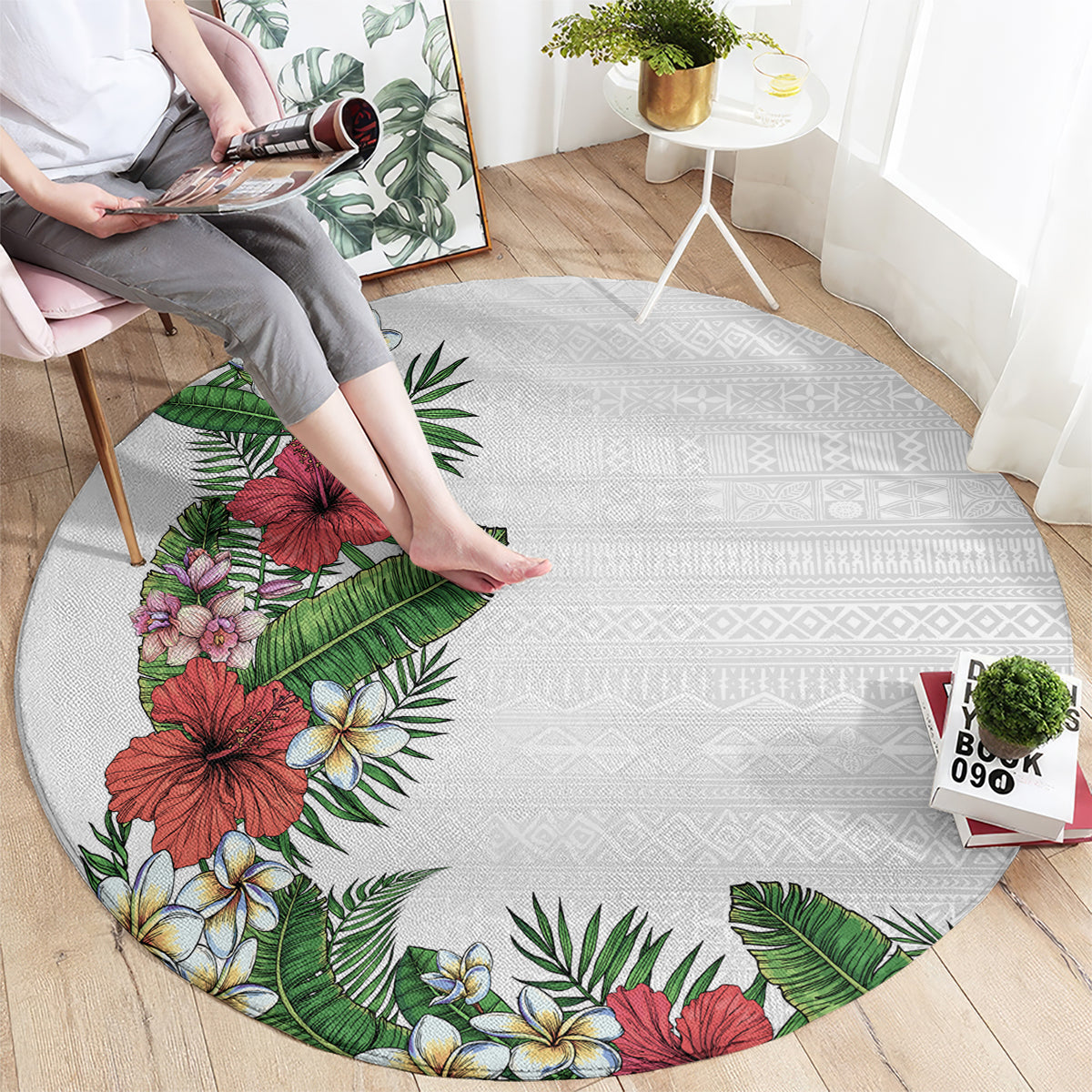 Hawaii Tropical Flowers and Leaves Round Carpet Tapa Pattern White Mode LT03 - Polynesian Pride