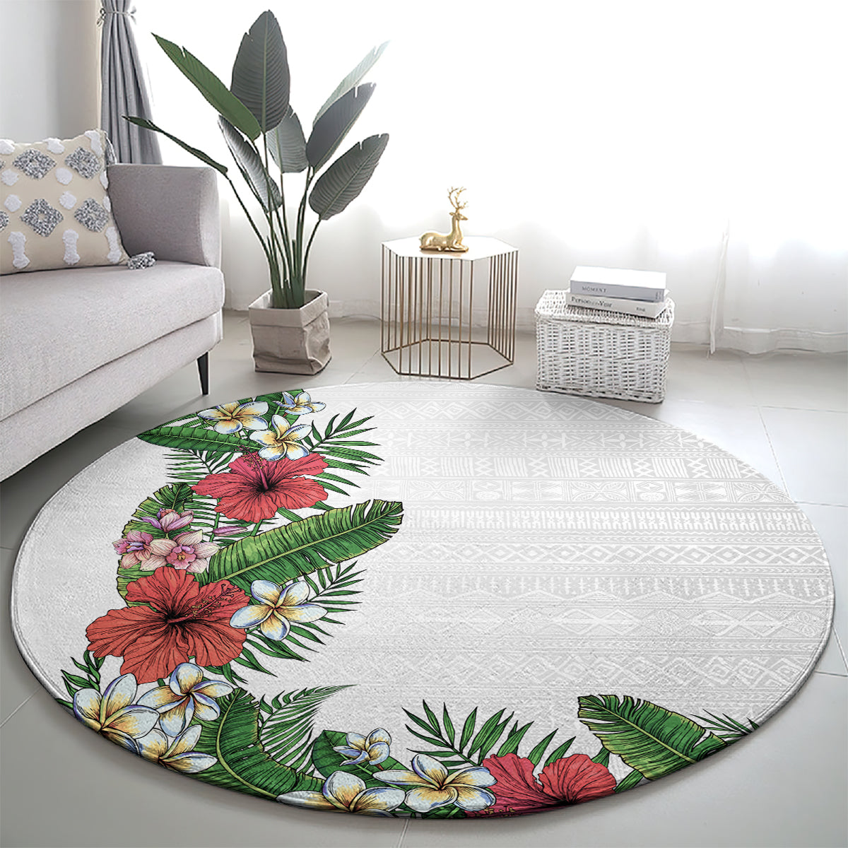 Hawaii Tropical Flowers and Leaves Round Carpet Tapa Pattern White Mode LT03 - Polynesian Pride