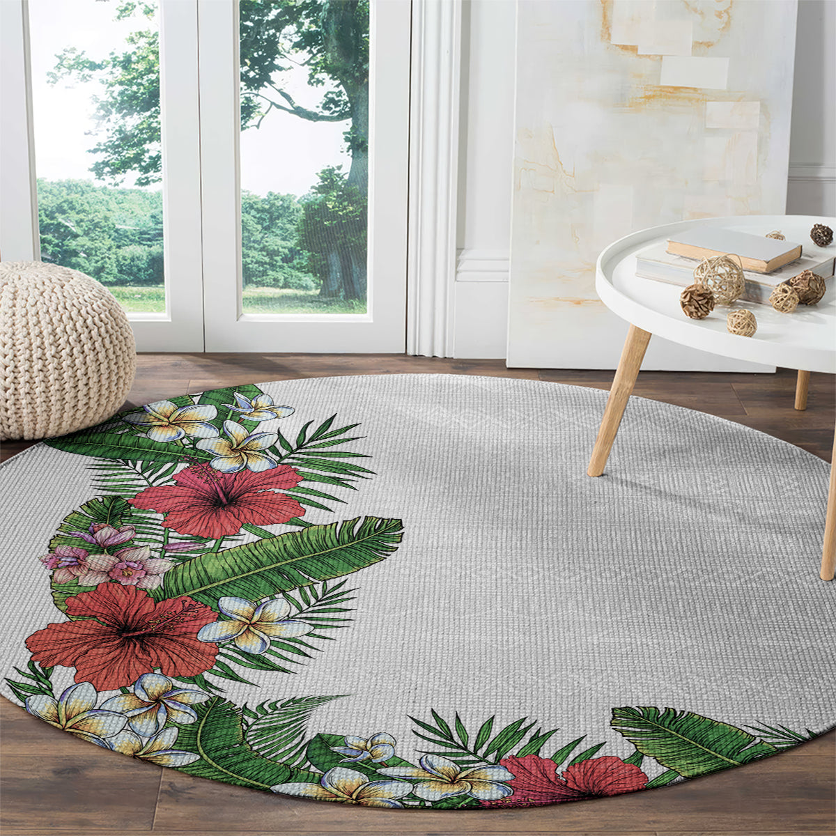 Hawaii Tropical Flowers and Leaves Round Carpet Tapa Pattern White Mode LT03 - Polynesian Pride