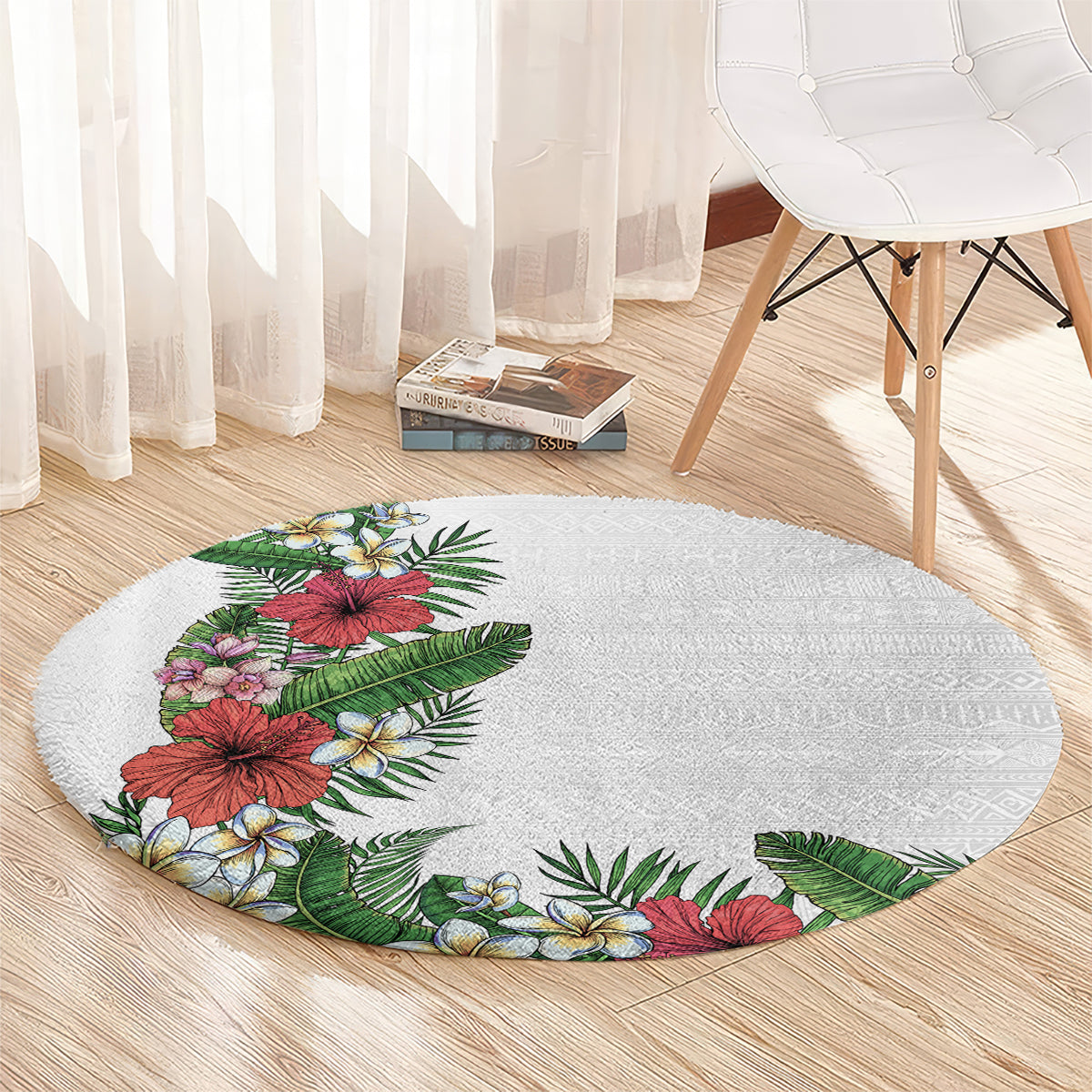 Hawaii Tropical Flowers and Leaves Round Carpet Tapa Pattern White Mode LT03 - Polynesian Pride