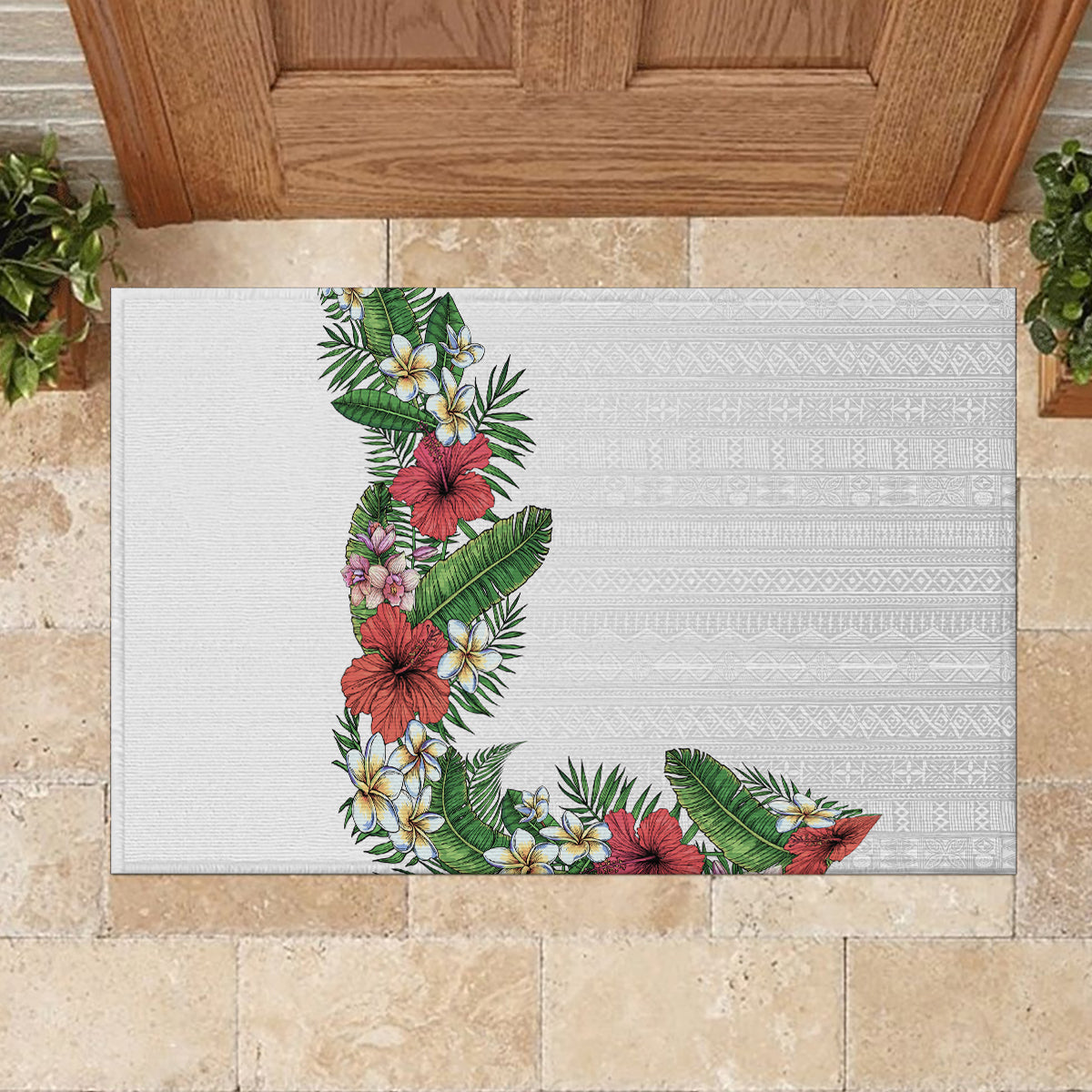 Hawaii Tropical Flowers and Leaves Rubber Doormat Tapa Pattern White Mode