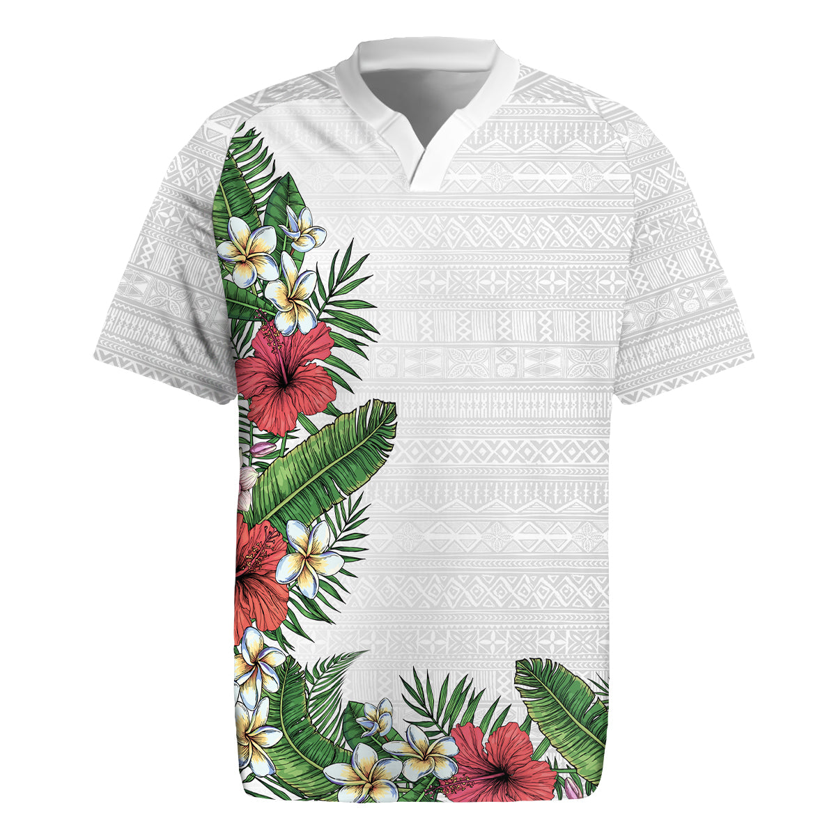 Hawaii Tropical Flowers and Leaves Rugby Jersey Tapa Pattern White Mode LT03 White - Polynesian Pride