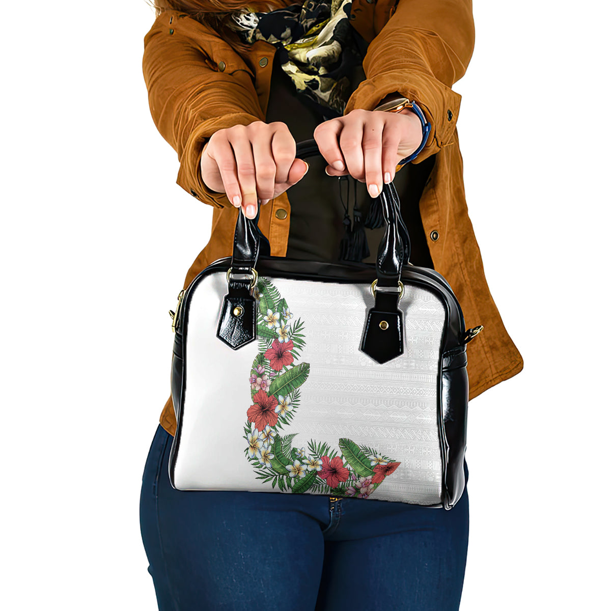 Hawaii Tropical Flowers and Leaves Shoulder Handbag Tapa Pattern White Mode LT03 One Size White - Polynesian Pride