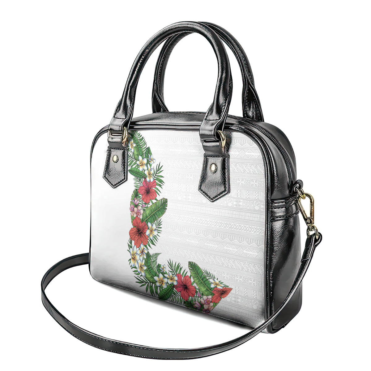 Hawaii Tropical Flowers and Leaves Shoulder Handbag Tapa Pattern White Mode