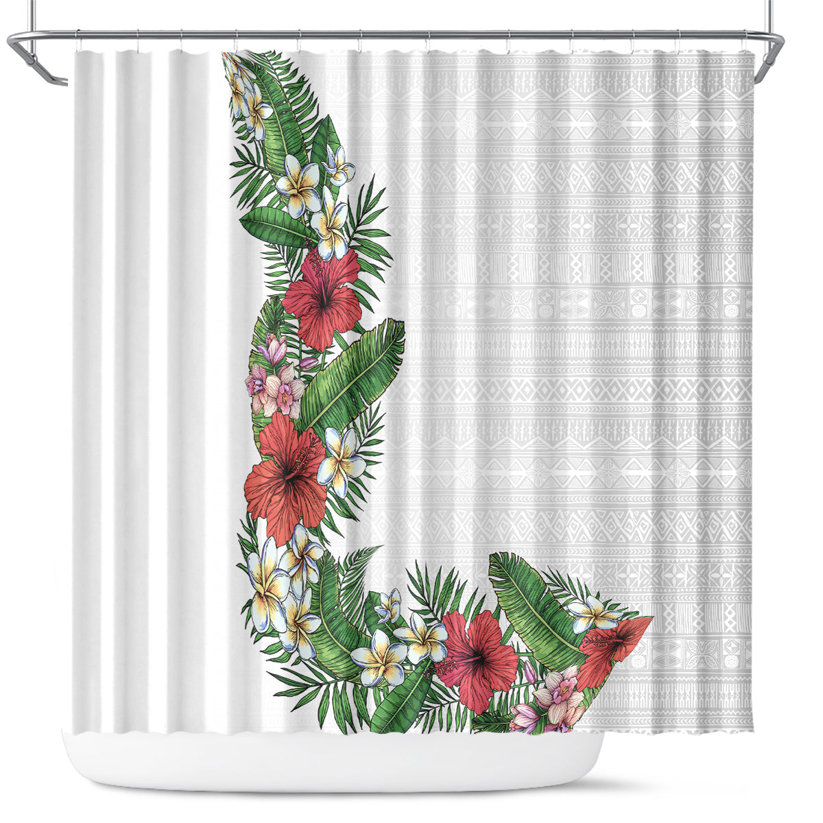 Hawaii Tropical Flowers and Leaves Shower Curtain Tapa Pattern White Mode LT03 White - Polynesian Pride