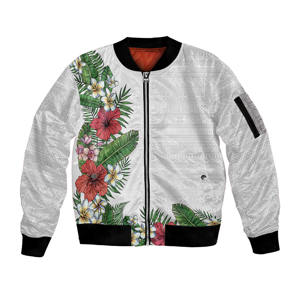 Hawaii Tropical Flowers and Leaves Sleeve Zip Bomber Jacket Tapa Pattern White Mode LT03 Unisex White - Polynesian Pride