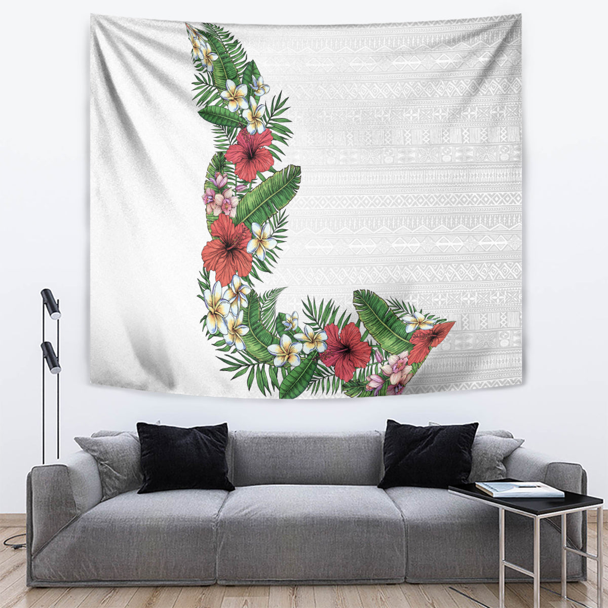 Hawaii Tropical Flowers and Leaves Tapestry Tapa Pattern White Mode LT03 White - Polynesian Pride