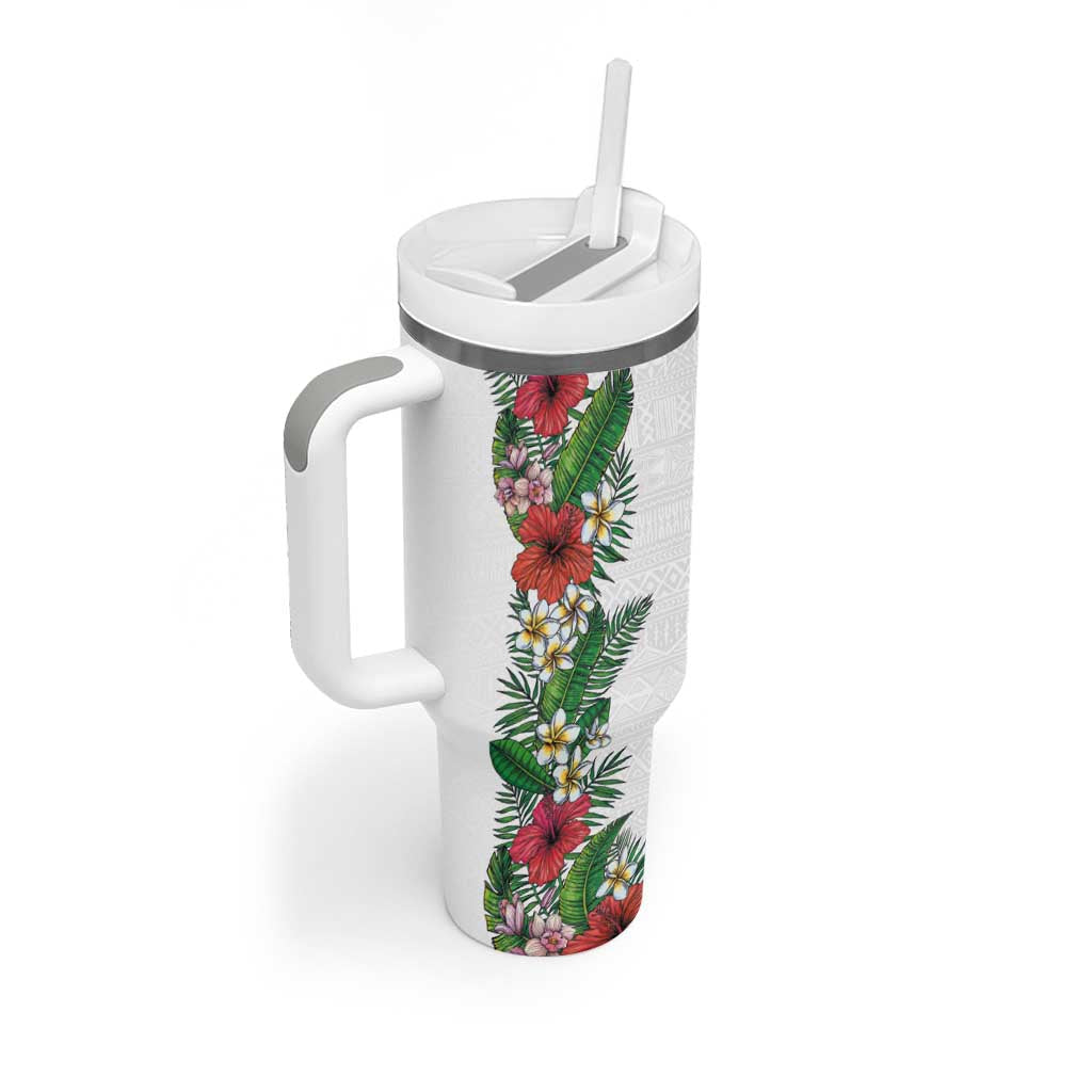 Hawaii Tropical Flowers and Leaves Tumbler With Handle Tapa Pattern White Mode