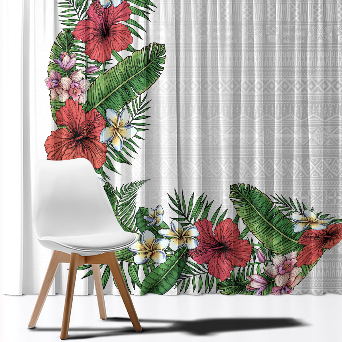 Hawaii Tropical Flowers and Leaves Window Curtain Tapa Pattern White Mode