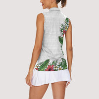 Hawaii Tropical Flowers and Leaves Women Sleeveless Polo Shirt Tapa Pattern White Mode
