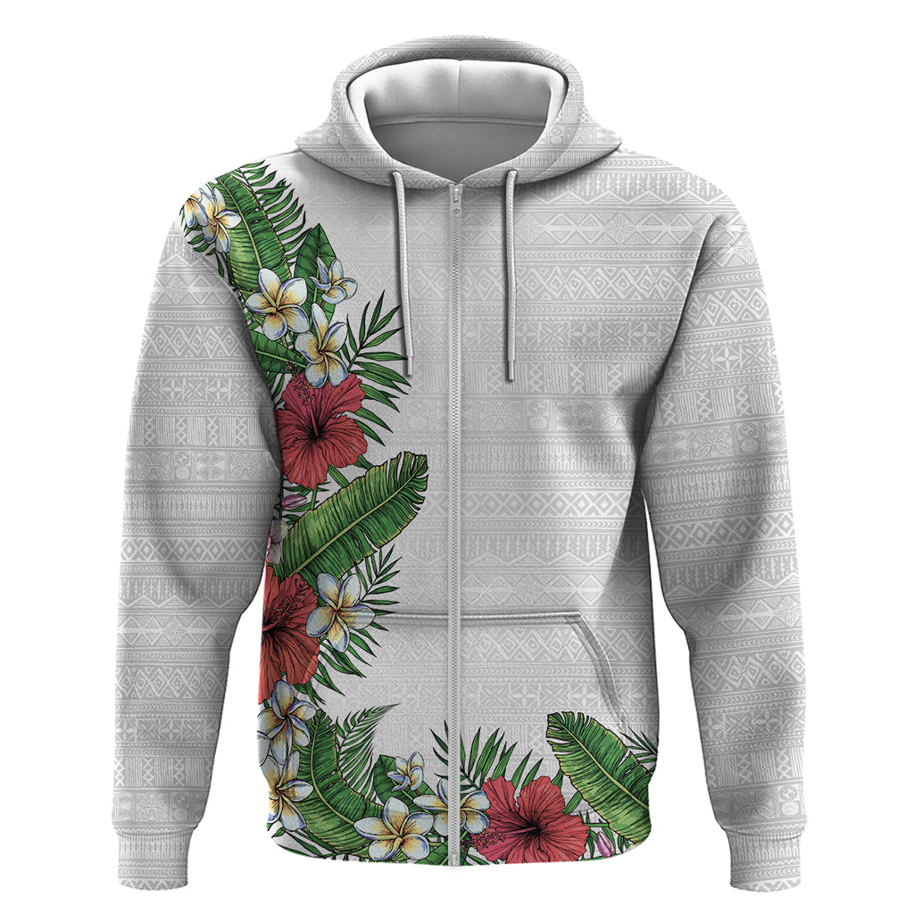 Hawaii Tropical Flowers and Leaves Zip Hoodie Tapa Pattern White Mode LT03 Zip Hoodie White - Polynesian Pride