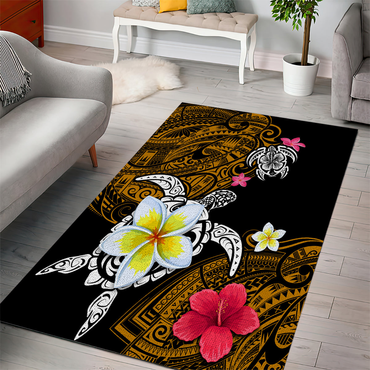 Hawaii Turtle and Tropical Flower Area Rug Polynesian Pattern