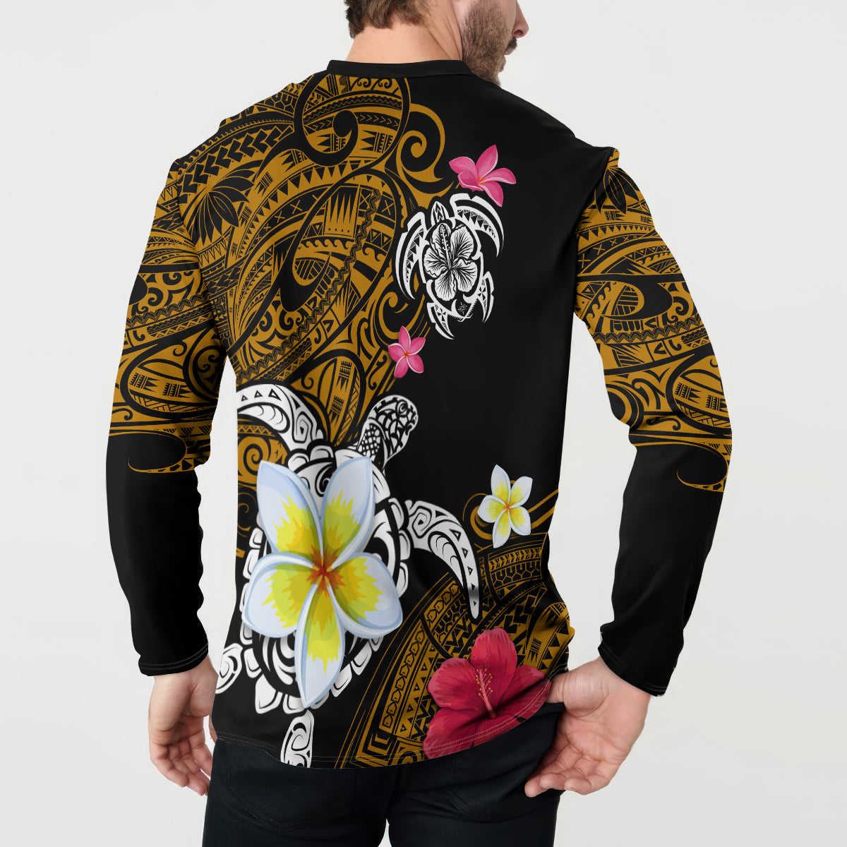 Hawaii Turtle and Tropical Flower Button Sweatshirt Polynesian Pattern