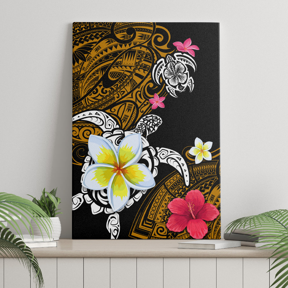 Hawaii Turtle and Tropical Flower Canvas Wall Art Polynesian Pattern