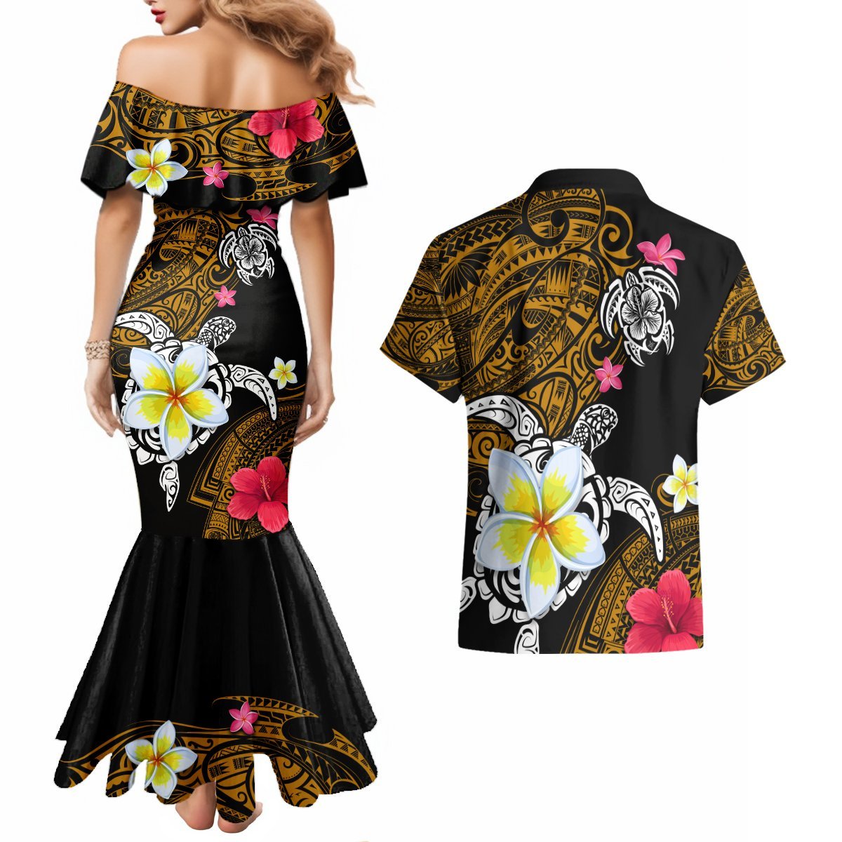 Hawaii Turtle and Tropical Flower Couples Matching Mermaid Dress and Hawaiian Shirt Polynesian Pattern LT03 - Polynesian Pride