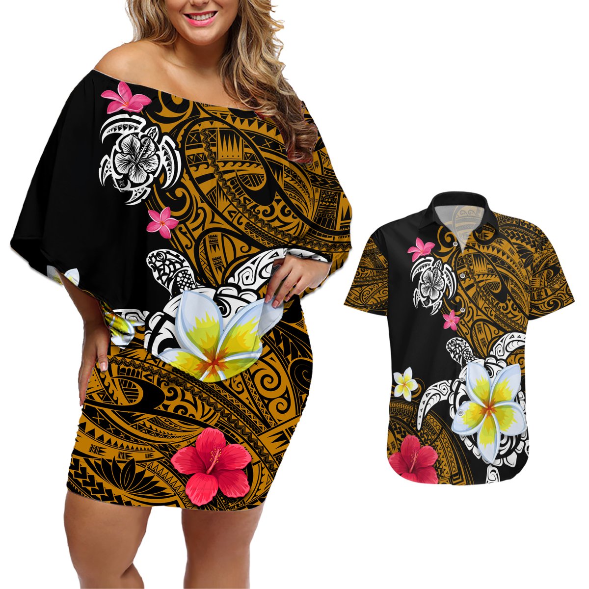 Hawaii Turtle and Tropical Flower Couples Matching Off Shoulder Short Dress and Hawaiian Shirt Polynesian Pattern LT03 Black - Polynesian Pride