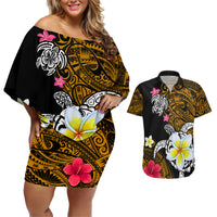 Hawaii Turtle and Tropical Flower Couples Matching Off Shoulder Short Dress and Hawaiian Shirt Polynesian Pattern