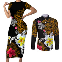 Hawaii Turtle and Tropical Flower Couples Matching Short Sleeve Bodycon Dress and Long Sleeve Button Shirt Polynesian Pattern