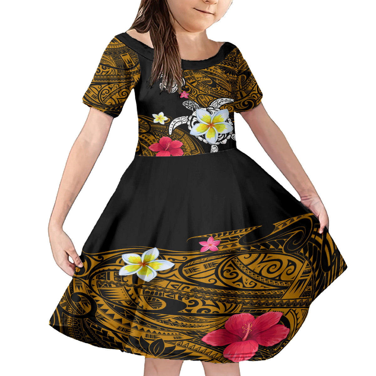 Hawaii Turtle and Tropical Flower Family Matching Long Sleeve Bodycon Dress and Hawaiian Shirt Polynesian Pattern LT03 Daughter's Dress Black - Polynesian Pride