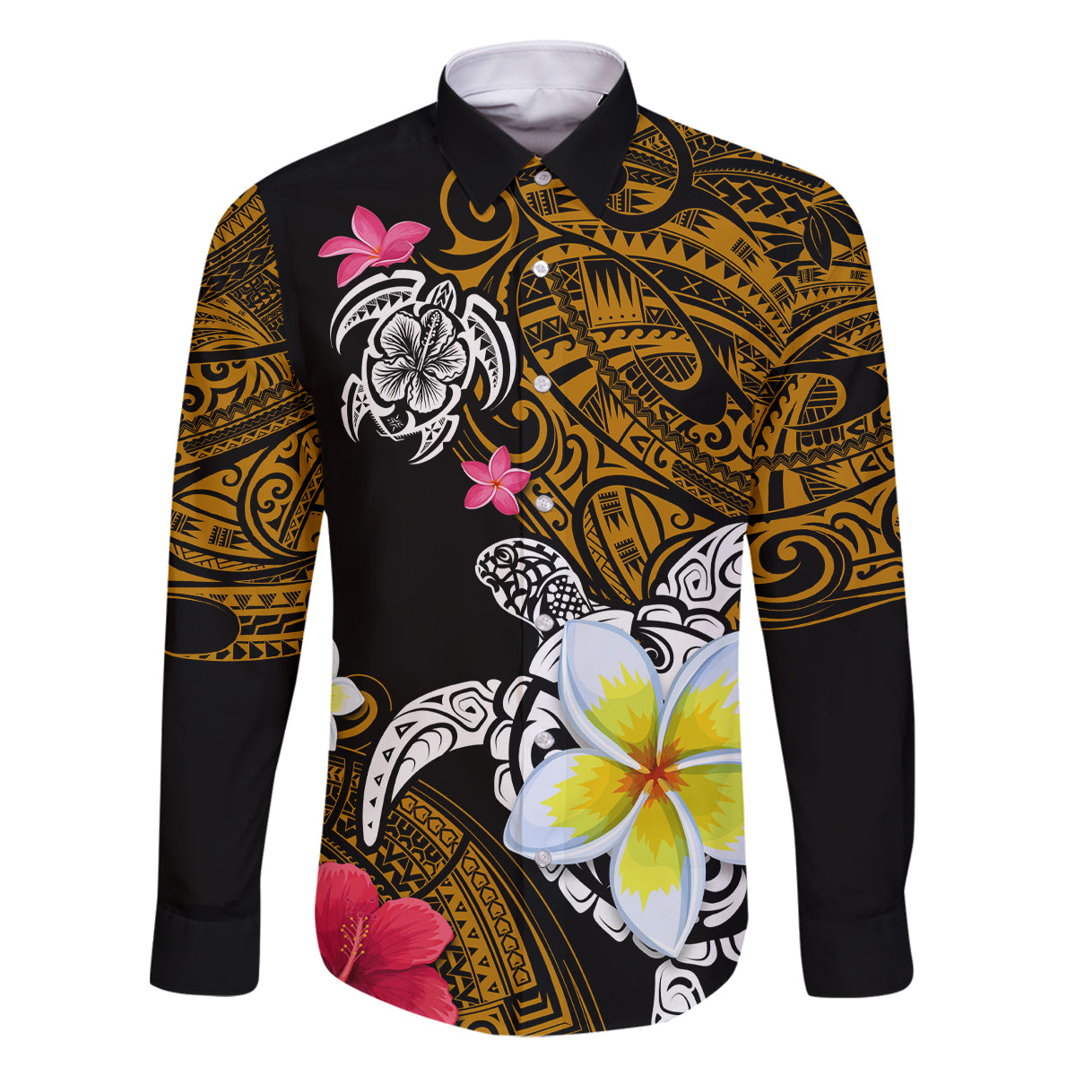 Hawaii Turtle and Tropical Flower Family Matching Long Sleeve Bodycon Dress and Hawaiian Shirt Polynesian Pattern LT03 Dad's Shirt - Long Sleeve Black - Polynesian Pride