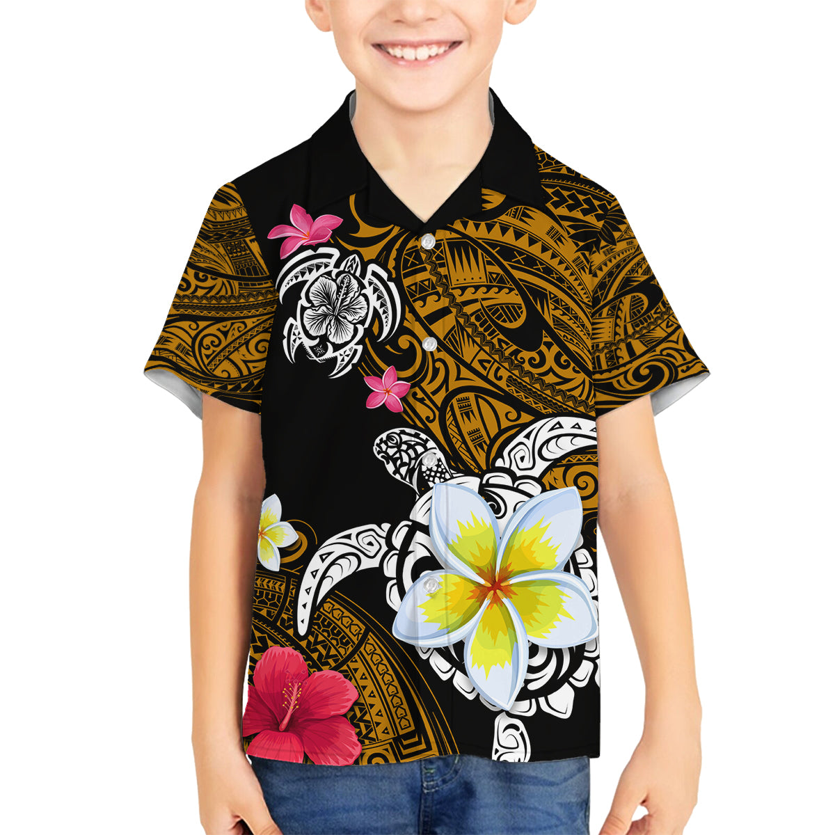 Hawaii Turtle and Tropical Flower Family Matching Long Sleeve Bodycon Dress and Hawaiian Shirt Polynesian Pattern LT03 Son's Shirt Black - Polynesian Pride