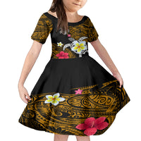 Hawaii Turtle and Tropical Flower Family Matching Off The Shoulder Long Sleeve Dress and Hawaiian Shirt Polynesian Pattern LT03 Daughter's Dress Black - Polynesian Pride