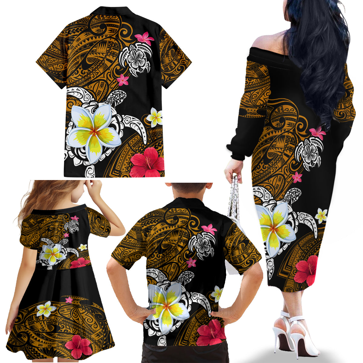 Hawaii Turtle and Tropical Flower Family Matching Off The Shoulder Long Sleeve Dress and Hawaiian Shirt Polynesian Pattern LT03 - Polynesian Pride