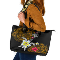 Hawaii Turtle and Tropical Flower Leather Tote Bag Polynesian Pattern LT03 Black - Polynesian Pride