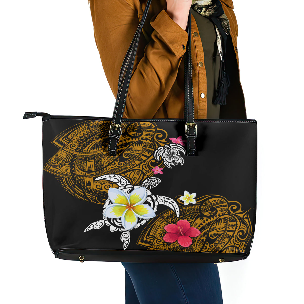 Hawaii Turtle and Tropical Flower Leather Tote Bag Polynesian Pattern LT03 - Polynesian Pride