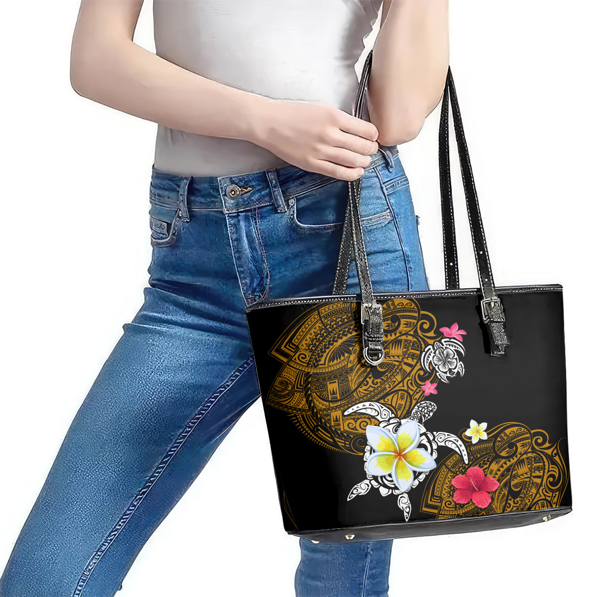 Hawaii Turtle and Tropical Flower Leather Tote Bag Polynesian Pattern LT03 - Polynesian Pride