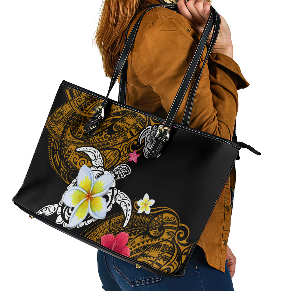 Hawaii Turtle and Tropical Flower Leather Tote Bag Polynesian Pattern LT03 - Polynesian Pride
