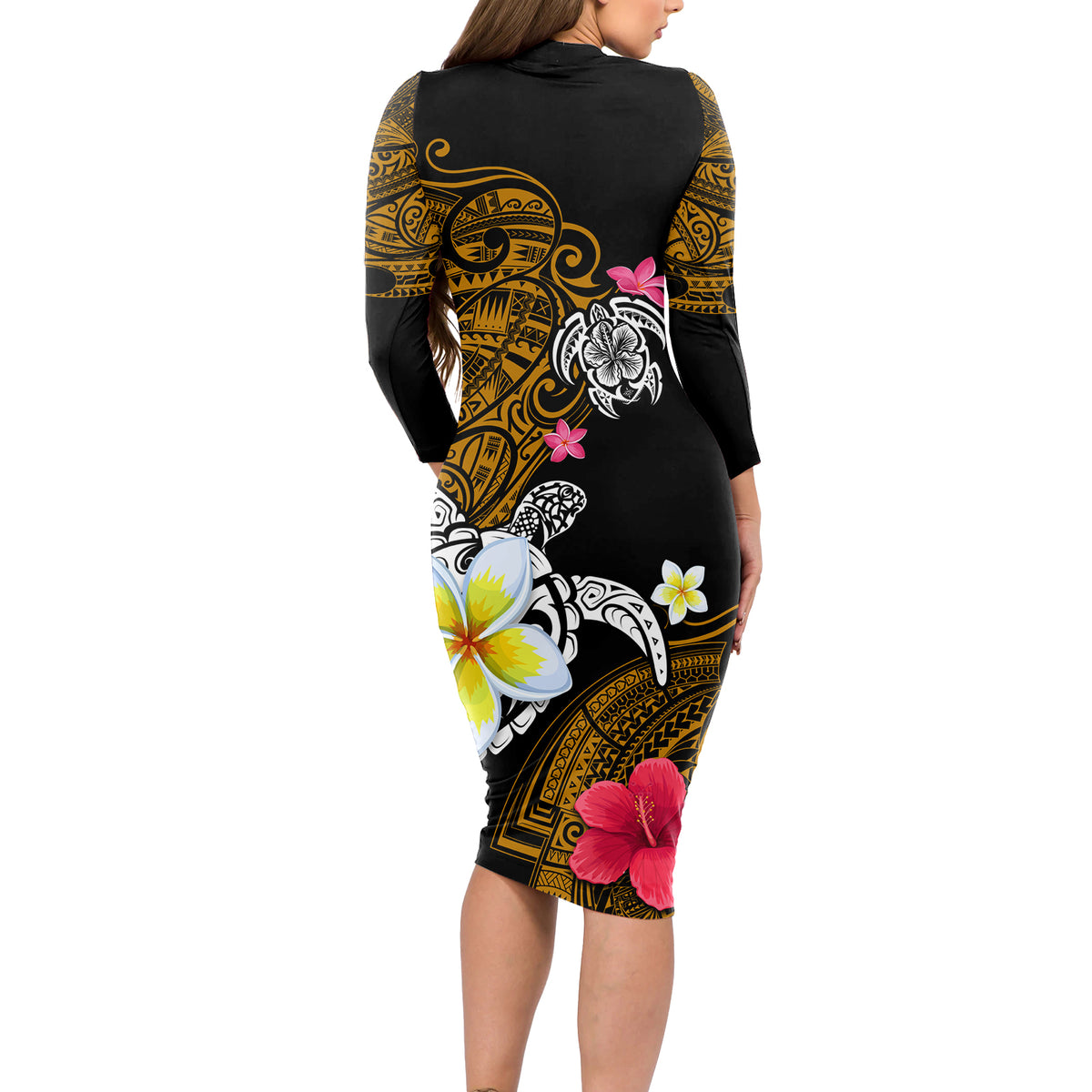 Hawaii Turtle and Tropical Flower Long Sleeve Bodycon Dress Polynesian Pattern